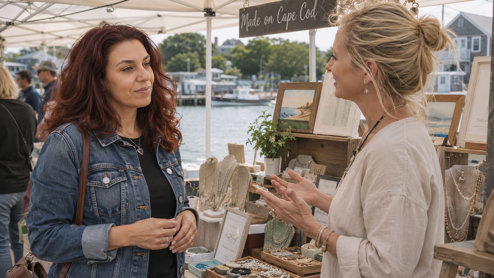 Two business owners talking at an outdoor market stall with handmade jewelry