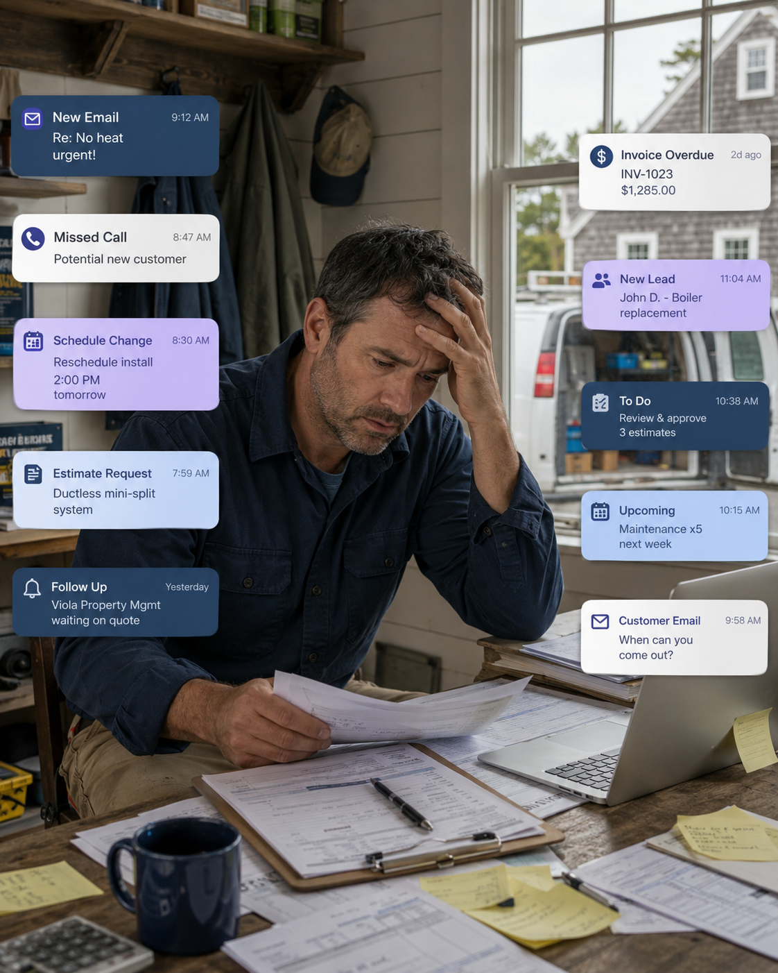 A business owner overwhelmed by scattered messages, calls, and requests