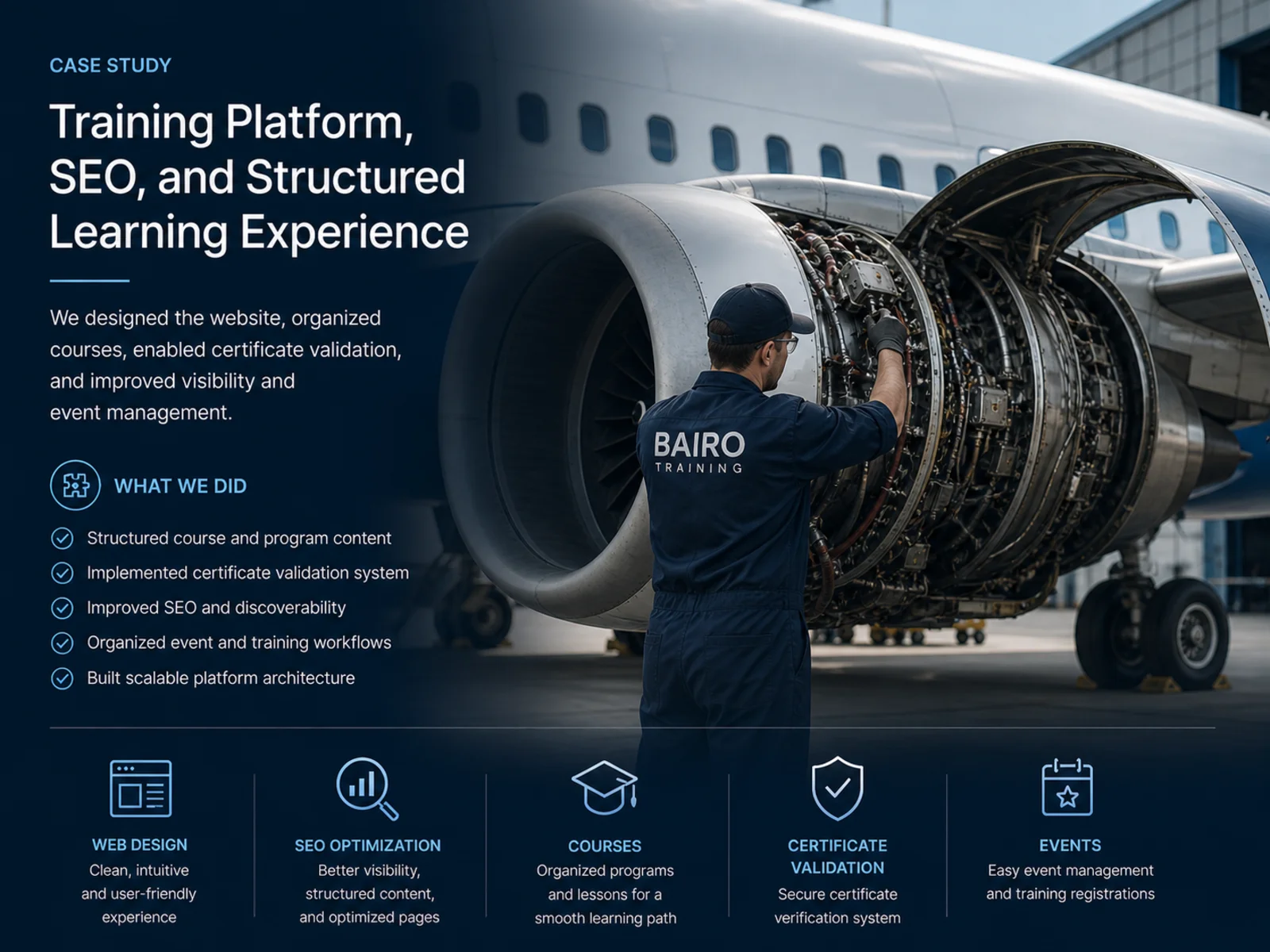 BAIRO training platform website case study by Reflectico, showing course catalog, event calendar, certificate validation, and SEO-focused content structure