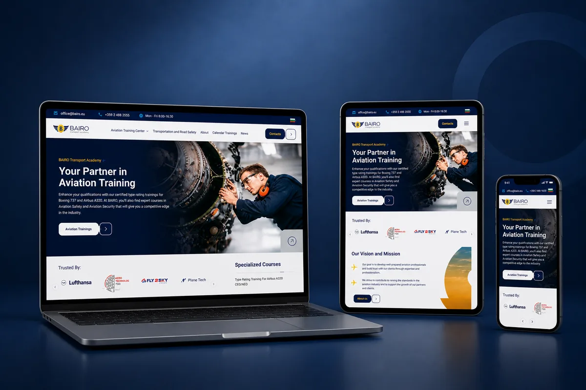 BAIRO training platform website by Reflectico, featuring course structure, event calendar, certificate validation, and SEO-optimized layout