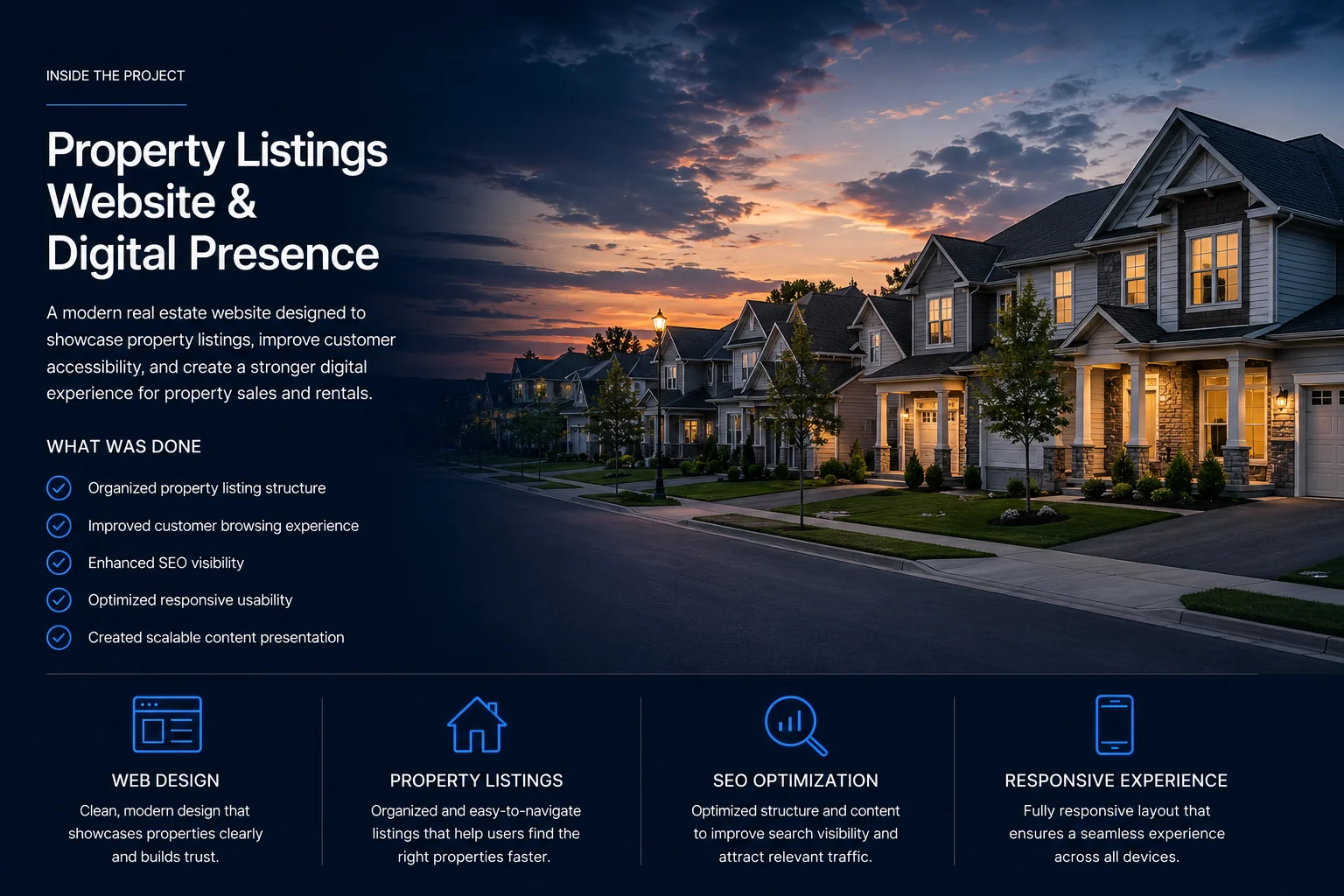 CLEC Management property listings website case study by Reflectico, shown across desktop, laptop, tablet, and phone, featuring organized property listings, customer browsing experience, SEO optimization, and a responsive experience for a real estate and property rentals company in Bangor