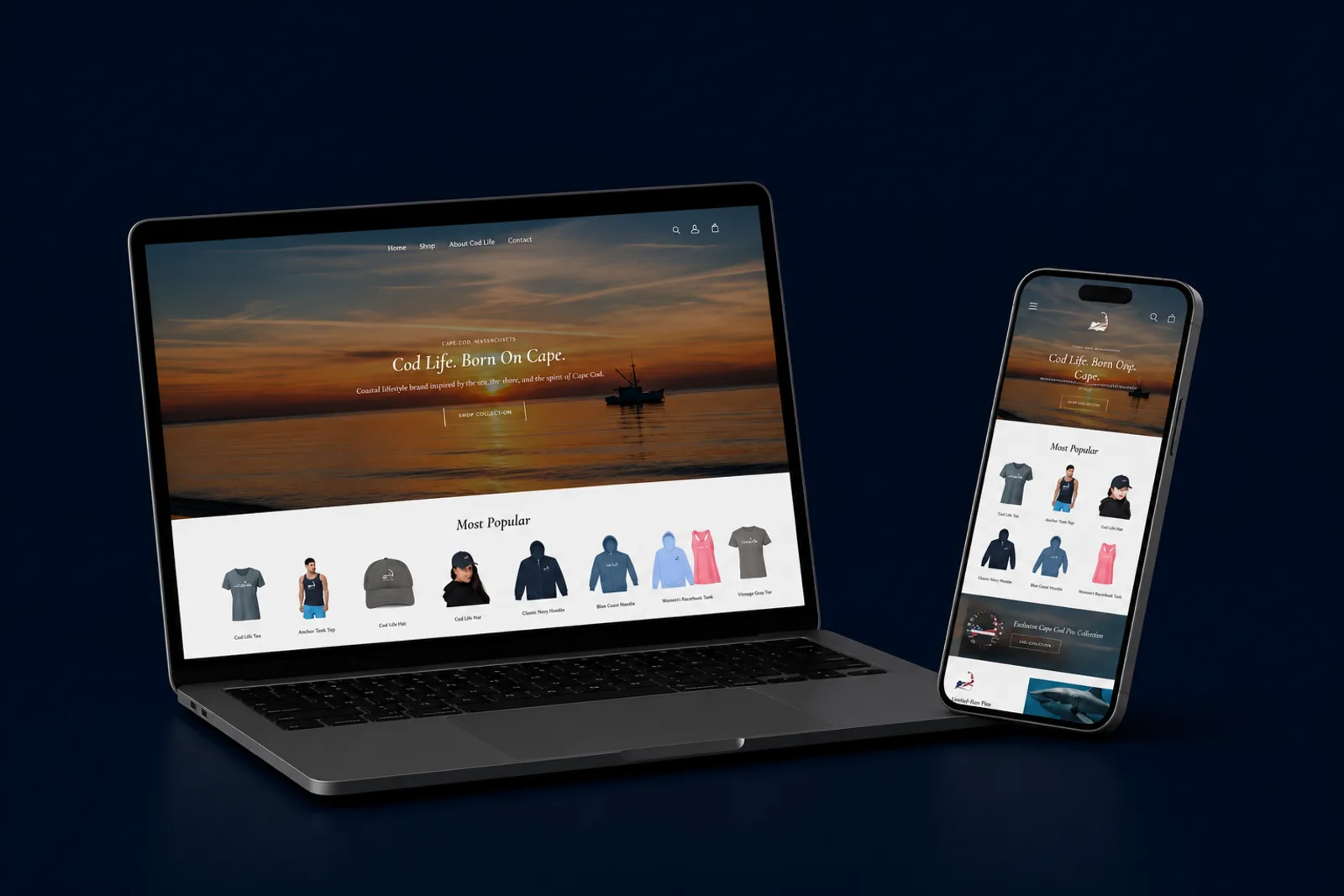 Cape Cod lifestyle merchandise e-commerce website by Reflectico, featuring brand identity, online store, multilingual navigation, and scalable content architecture
