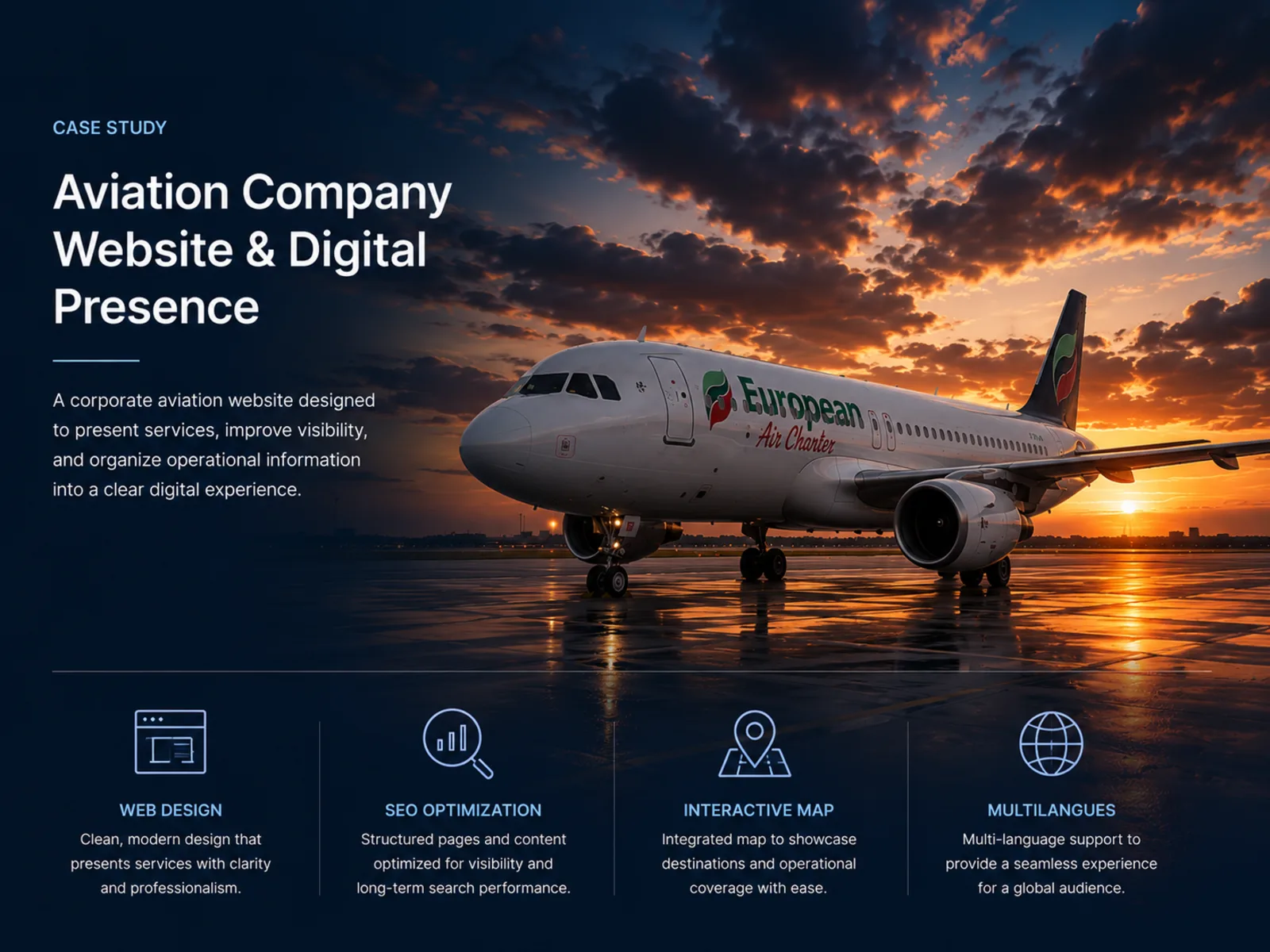 European Air Charter aviation website case study by Reflectico, displayed on desktop, tablet, and mobile, showing carrier services, destinations, and multilingual structure