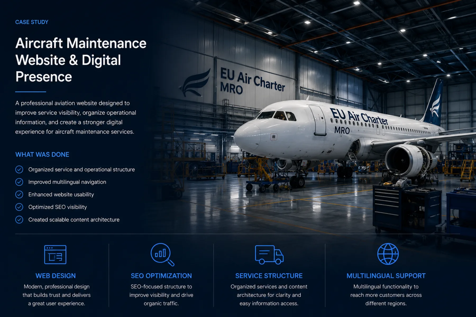 European MRO aircraft maintenance website case study by Reflectico, featuring corporate aviation web design and development, organized service structure, SEO optimization, multilingual support, and a responsive mobile experience for aircraft maintenance services