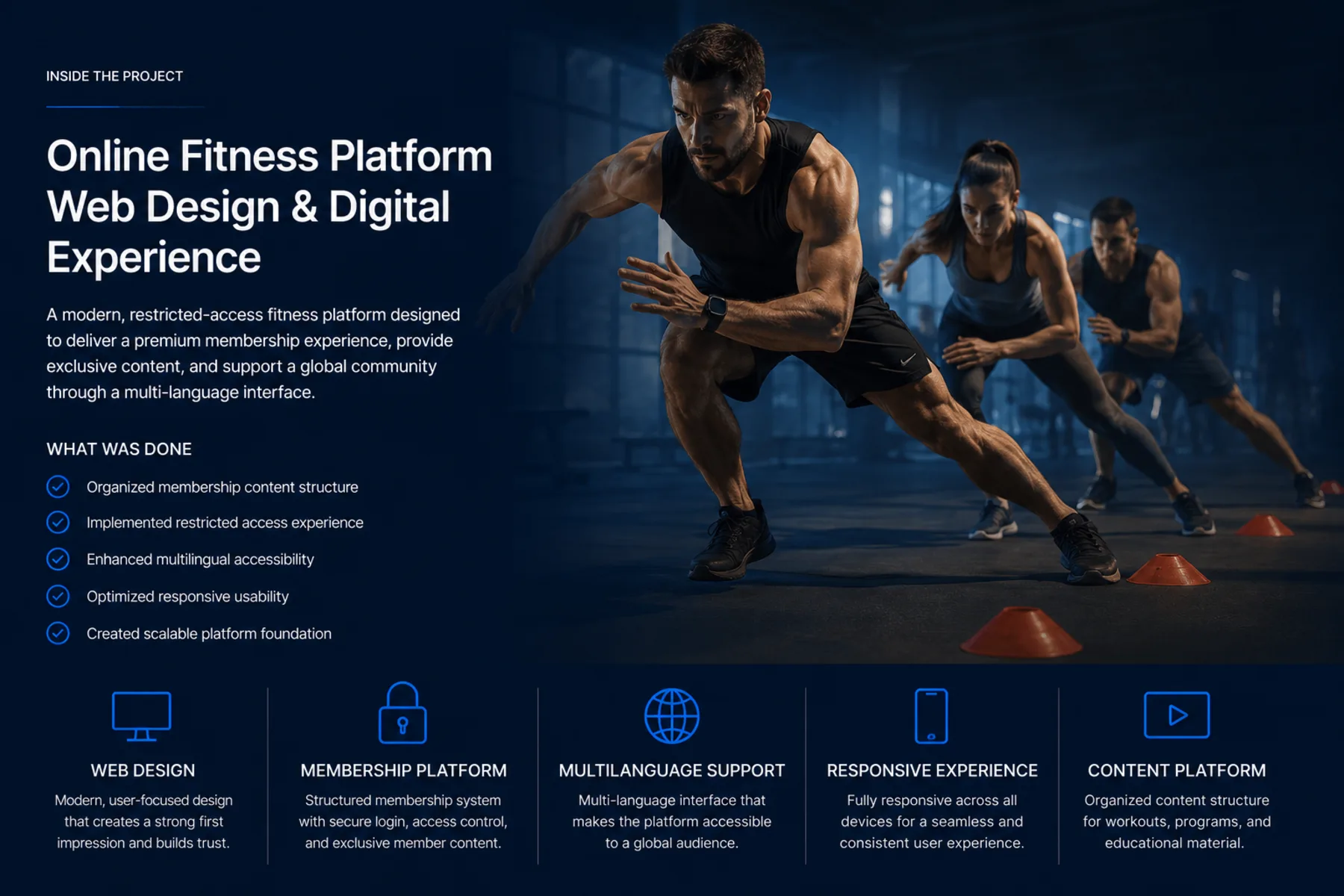 Fitness membership platform website case study by Reflectico, shown across laptop and tablet, featuring organized membership content, restricted access experience, multilingual accessibility, and a responsive experience for an online fitness platform