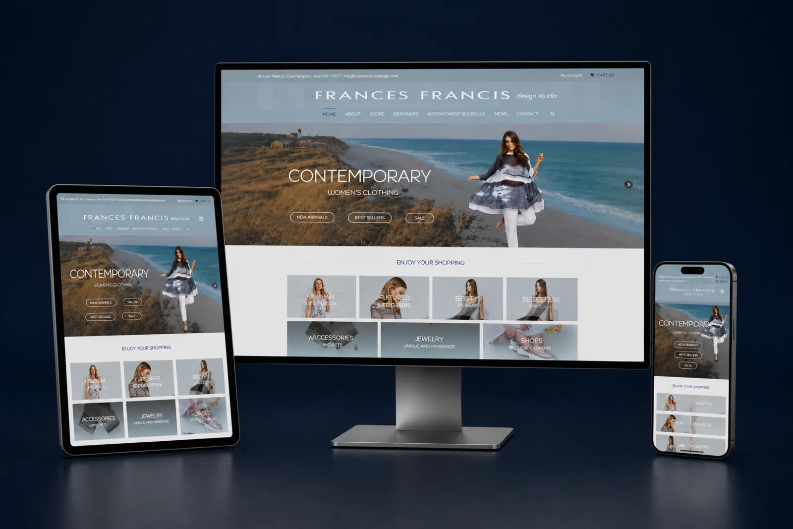 Frances Francis women's fashion boutique e-commerce website by Reflectico, featuring website design and development, POS integration, email automation, social content, and mobile-optimized responsive shopping experience