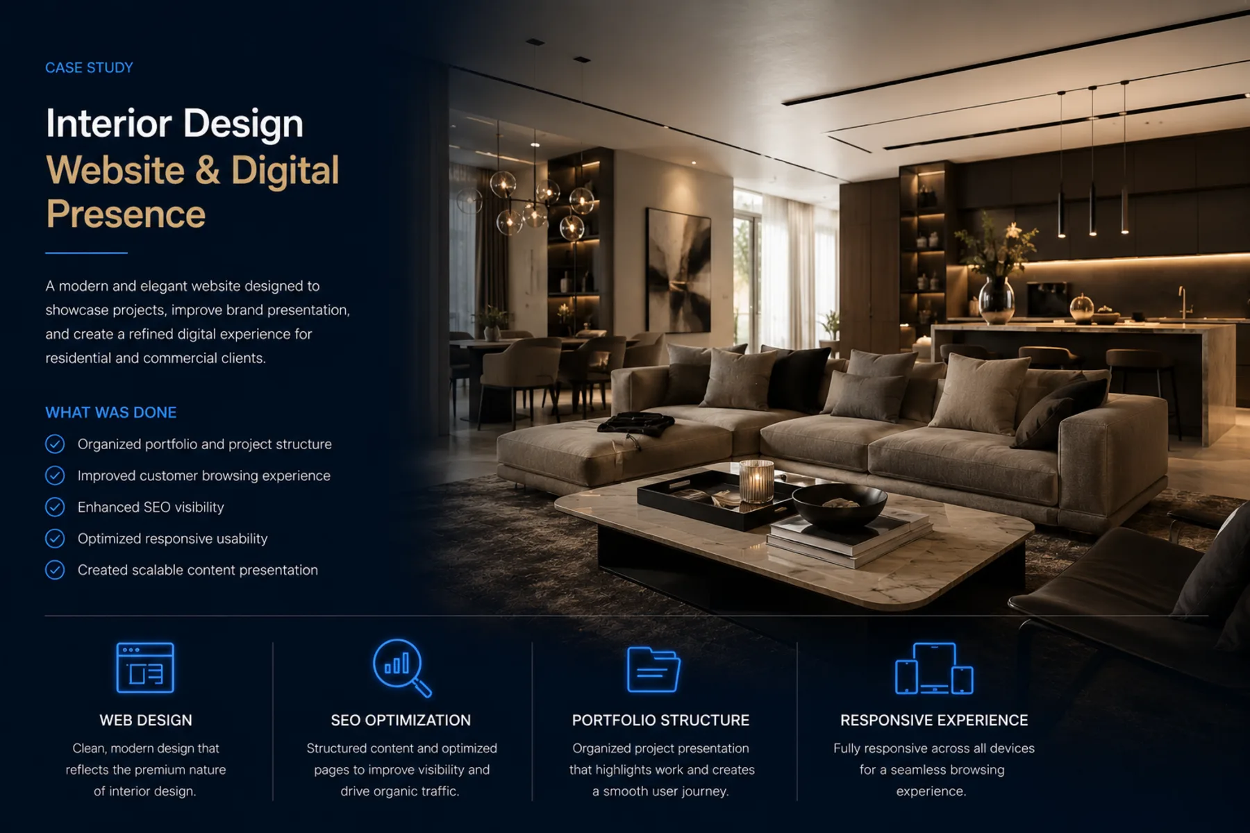 Originality Design interior design studio website case study by Reflectico, featuring a refined dark visual layout, organized portfolio and project structure, SEO optimization, and a responsive mobile experience for residential and commercial design clients