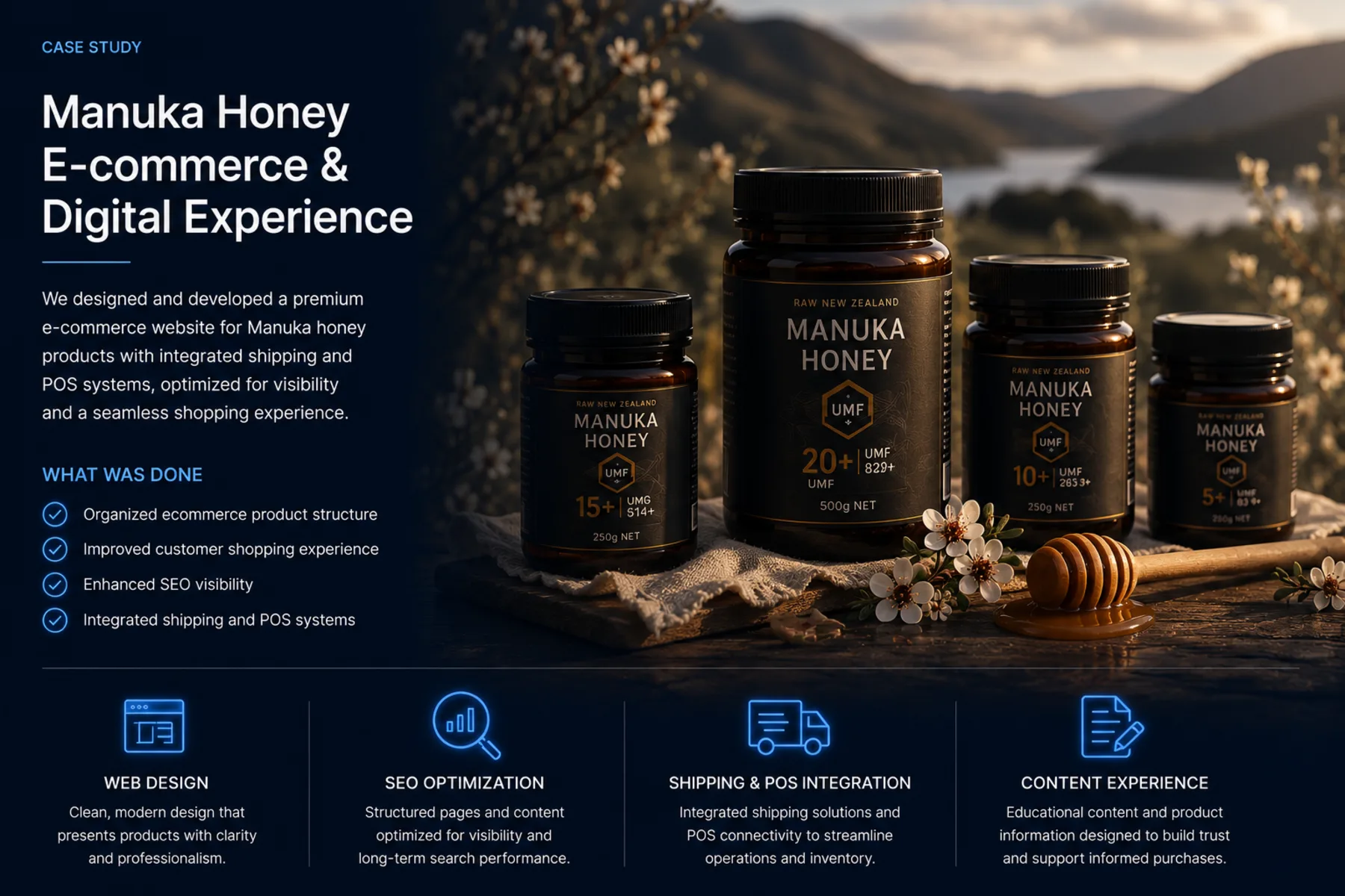 ManukaMed premium Manuka honey e-commerce website case study by Reflectico, featuring custom website design and development, SEO optimization, organized product structure, shipping and POS integration, educational content presentation, and a mobile-optimized shopping experience