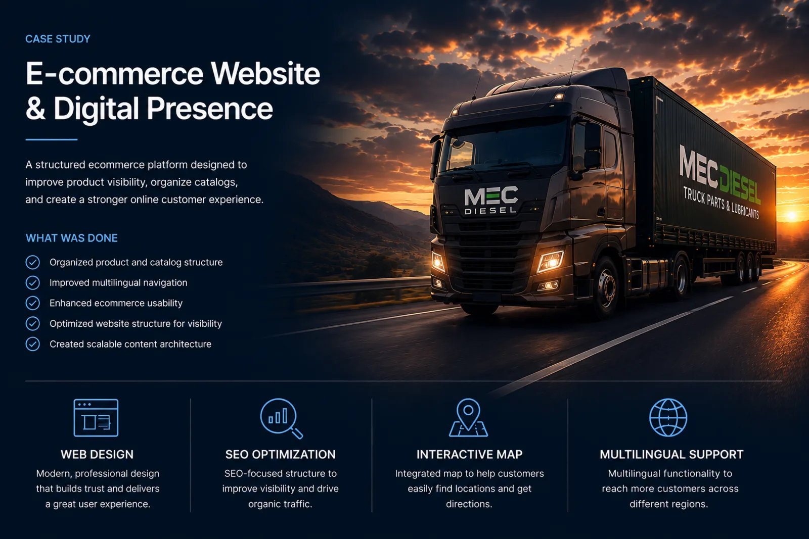 MEC Diesel industrial e-commerce website case study by Reflectico, featuring product catalogs, multilingual navigation, and SEO-optimized structure for truck parts and lubricants