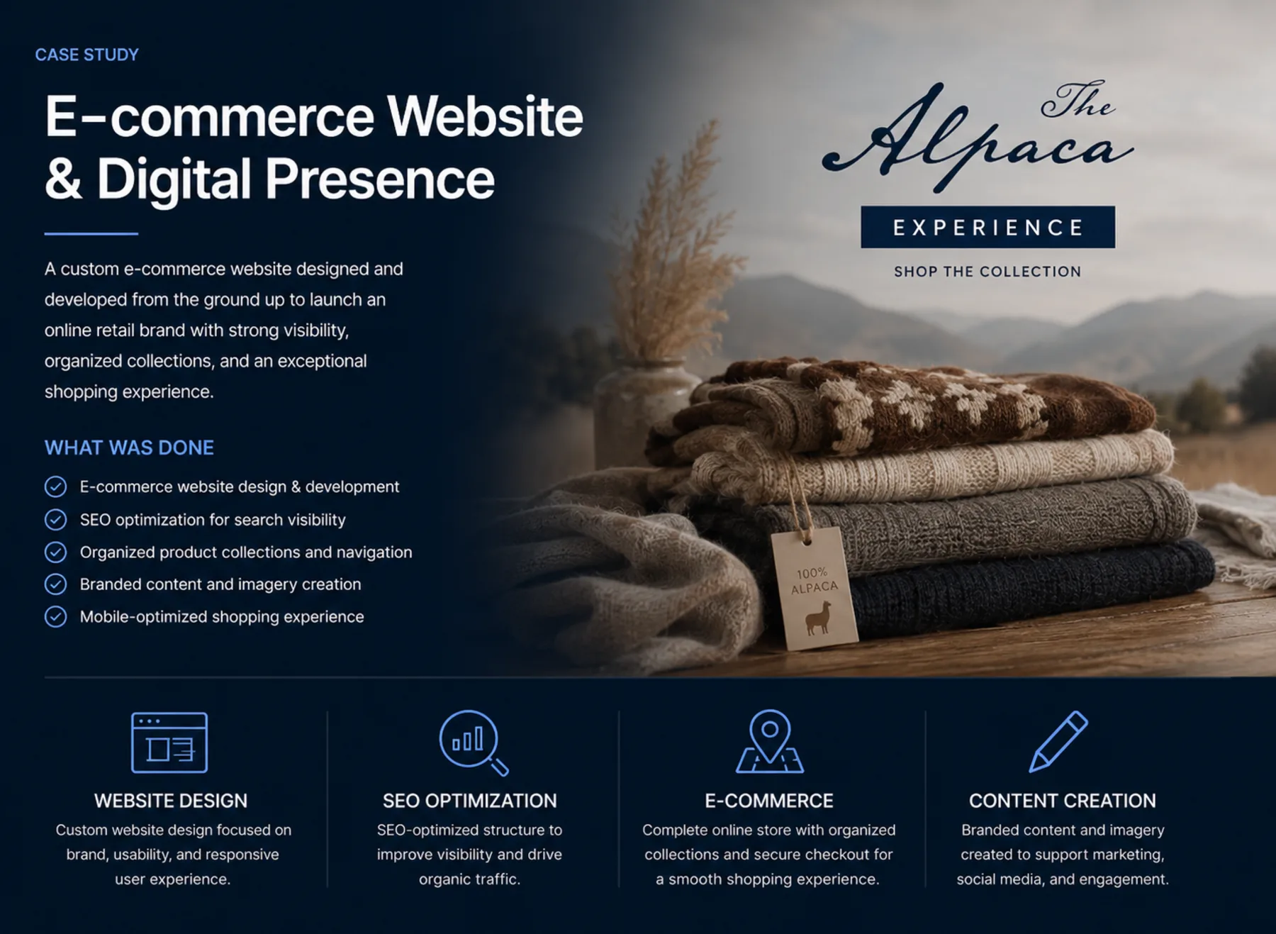 The Alpaca Experience e-commerce website and brand launch case study by Reflectico, featuring custom website design and development, SEO optimization, organized product collections, branded content creation, and a mobile-optimized shopping experience