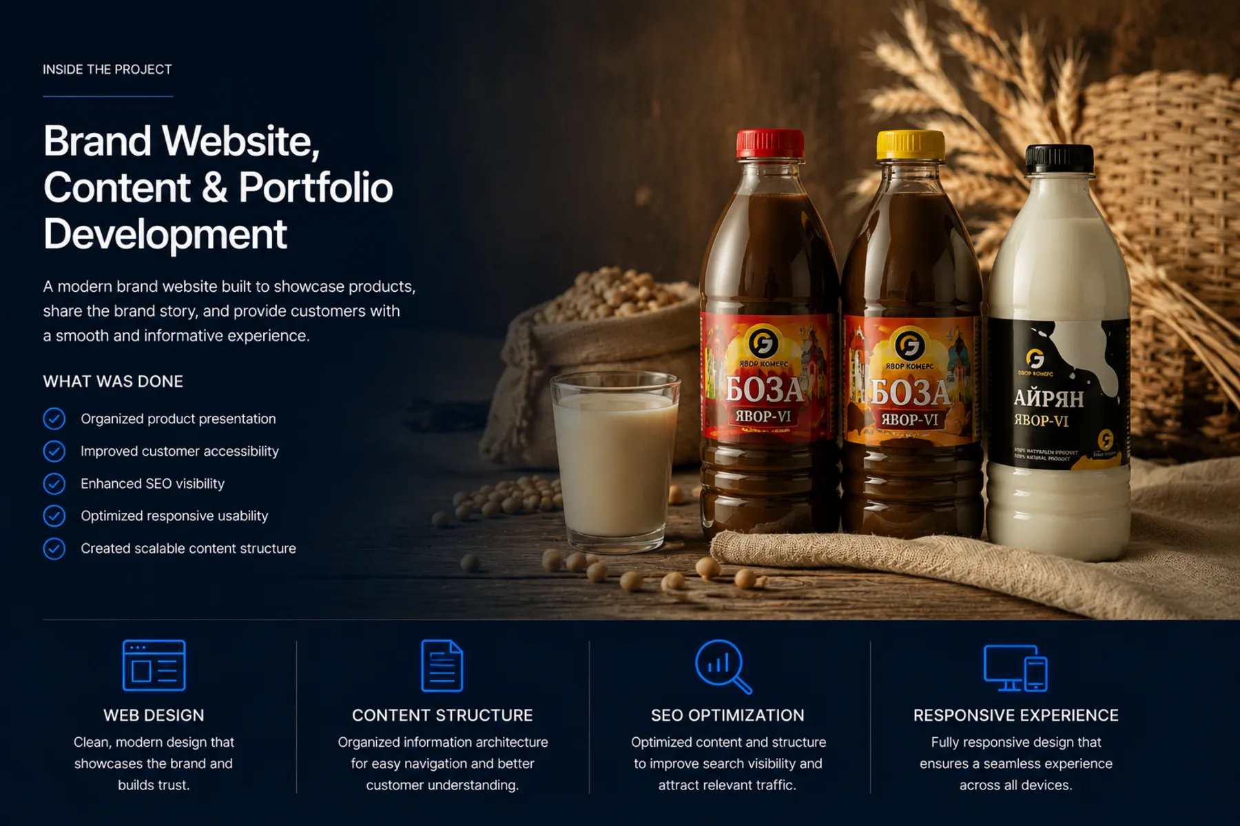 Yavor Komers food and beverage brand website case study by Reflectico, shown across desktop, laptop, tablet, and phone, featuring organized product presentation, customer accessibility, SEO optimization, and a responsive experience for a Bulgarian beverage producer