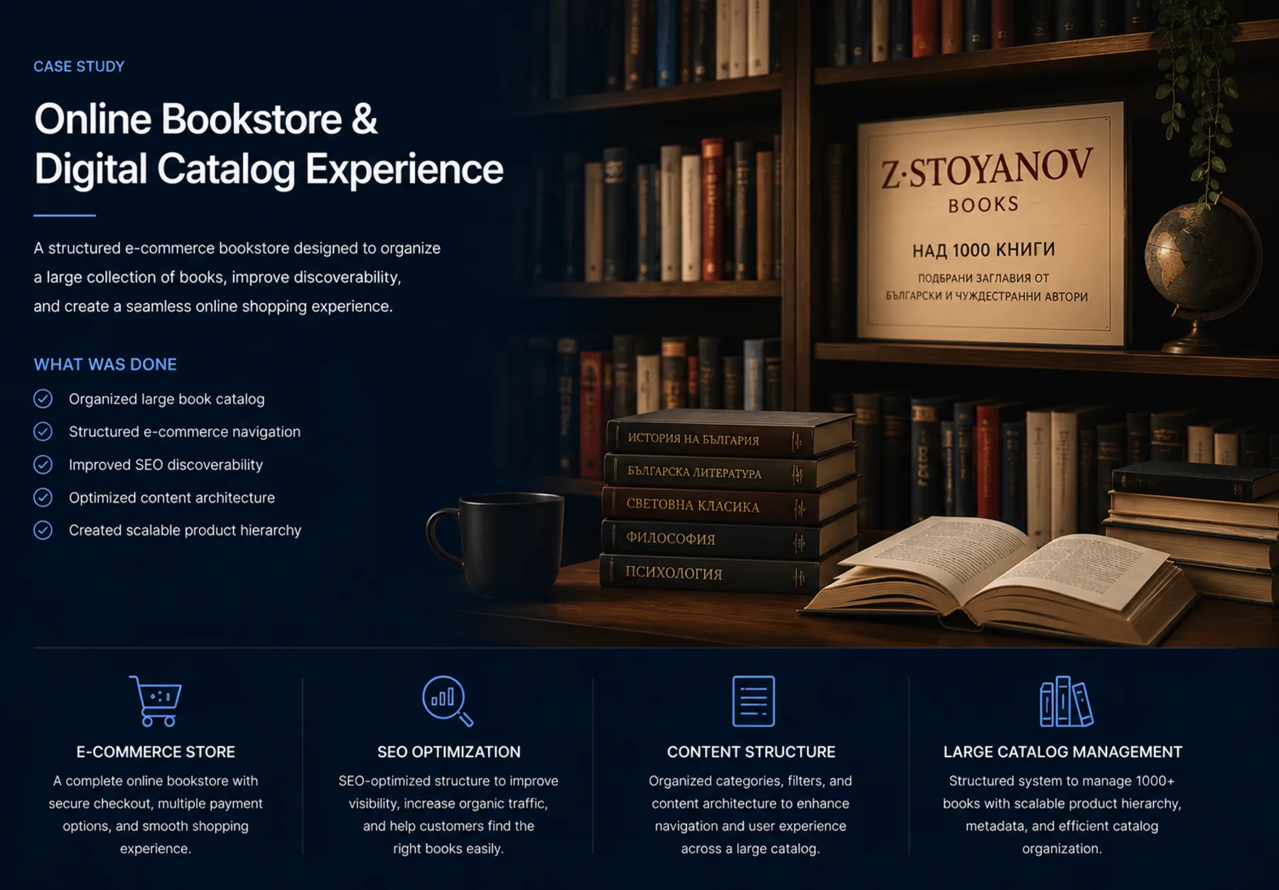 Z. Stoyanov online bookstore and digital catalog case study by Reflectico, featuring e-commerce store design, SEO optimization, structured content architecture, and large catalog management for over 1000 books