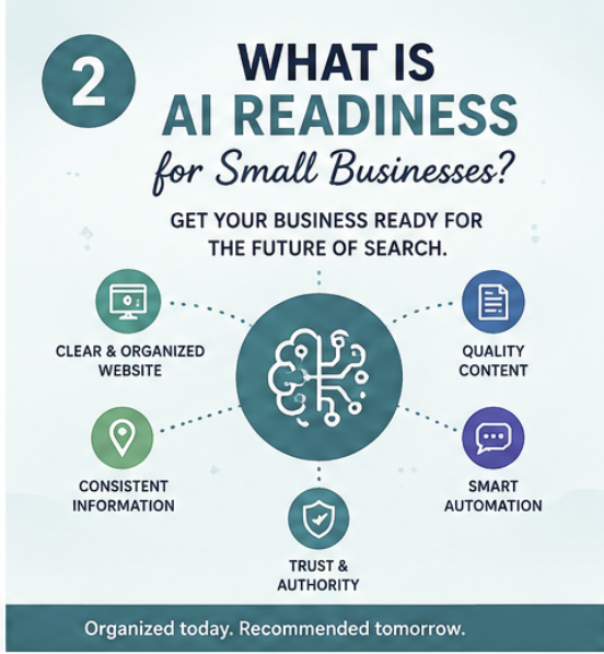 What is AI readiness for small businesses, clear website, quality content, consistent information, smart automation, trust and authority