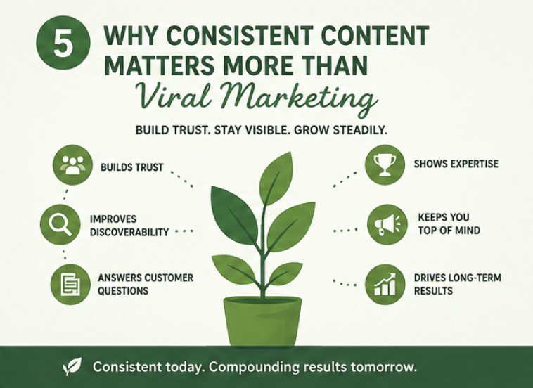 Why consistent content matters more than viral marketing, builds trust, improves discoverability, answers customer questions, shows expertise, keeps you top of mind, drives long-term results