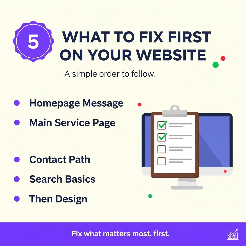 What to fix first on your website: homepage message, main service page, contact path, search basics, then design
