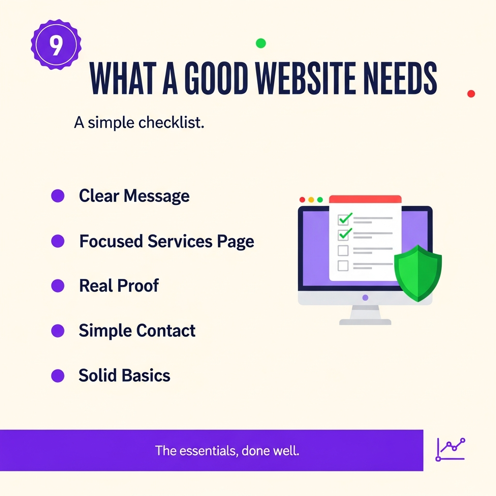 What a good website needs: clear message, focused services page, real proof, simple contact, solid basics