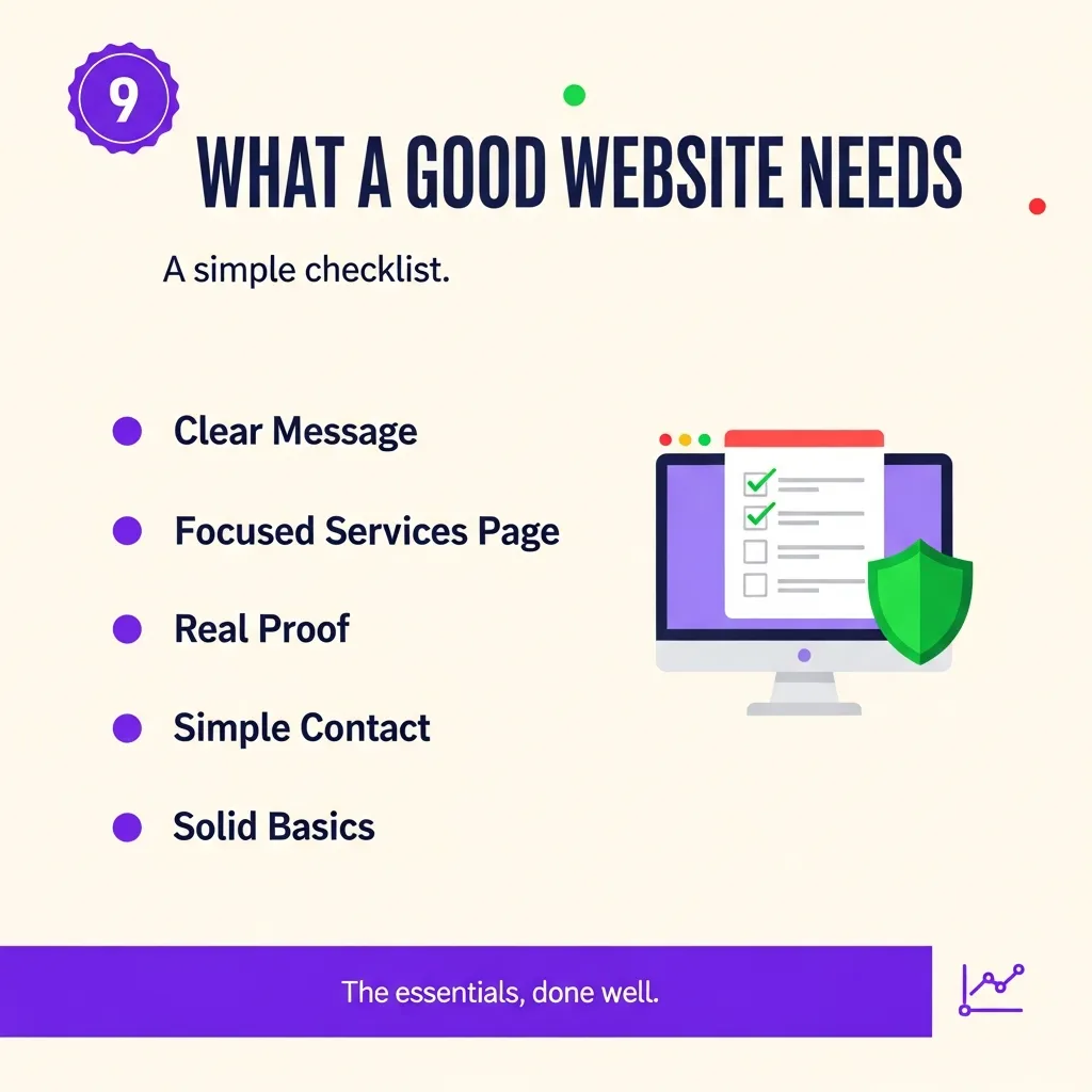 What a good website needs: clear offer, strong call to action, trust signals, fast loading, and built to be found