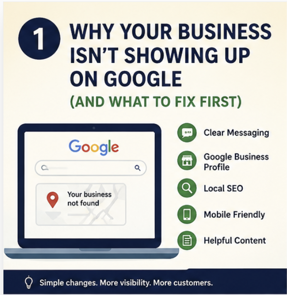 Why your business isn't showing up on Google, clear messaging, Google Business Profile, local SEO, mobile friendly, helpful content