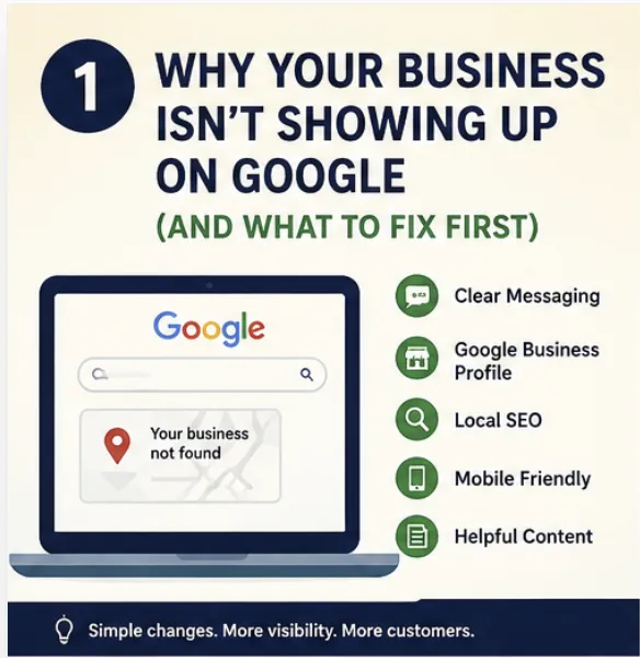 Why your business isn't showing up on Google, clear messaging, Google Business Profile, local SEO, mobile friendly, helpful content