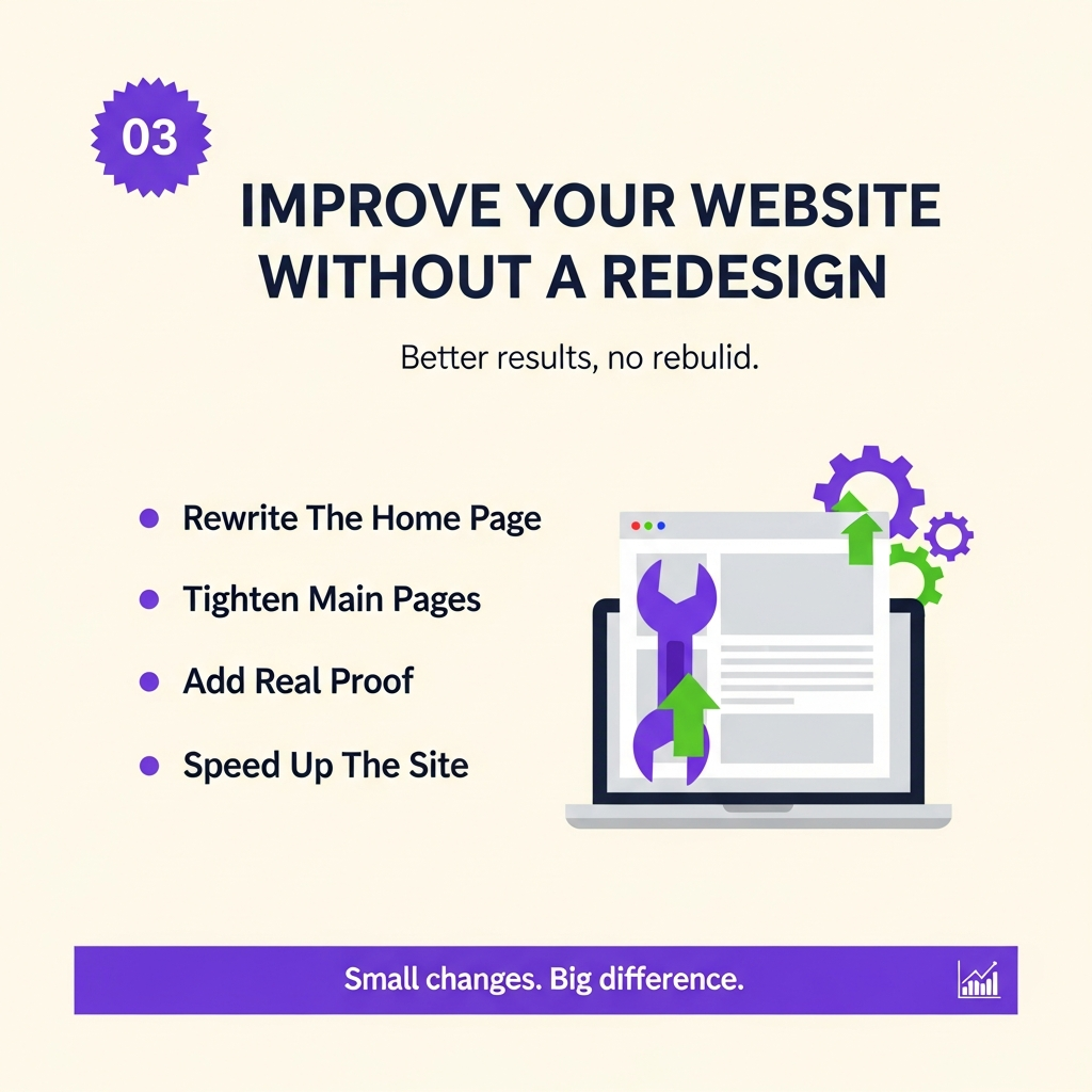Improve your website without a redesign: rewrite the home page, tighten main pages, add real proof, speed up the site