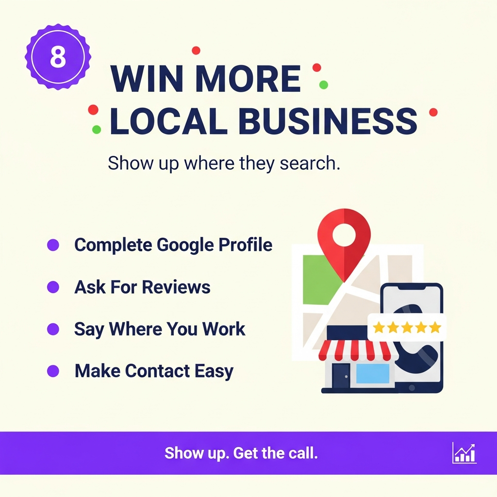 How to get more local customers: complete your Google Business Profile, ask for reviews, say where you work, make contact easy