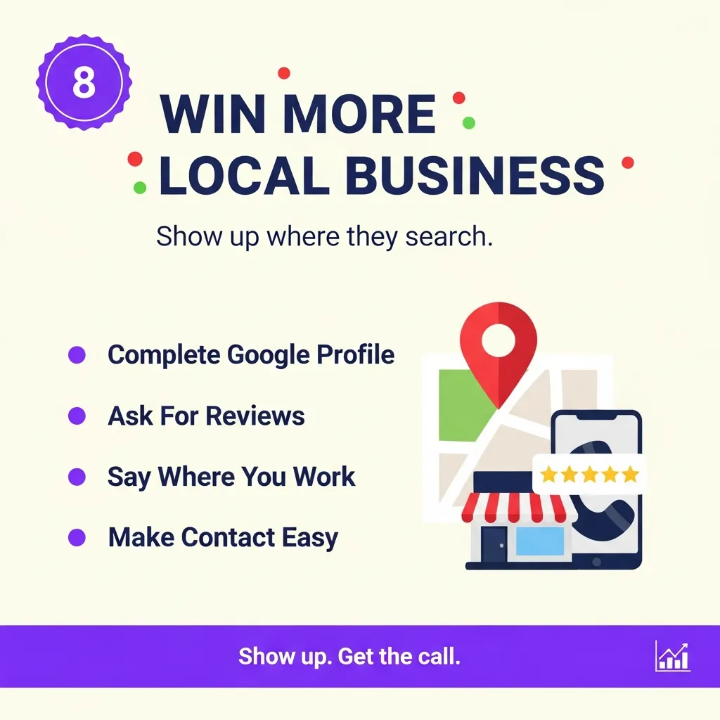 How to get more local customers: complete your Google Business Profile, ask for reviews, say where you work, make contact easy