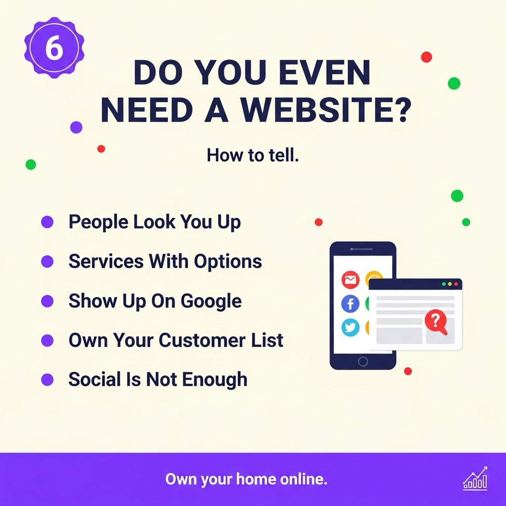 Do you even need a website: people look you up, services with options, show up on Google, own your customer list, social is not enough