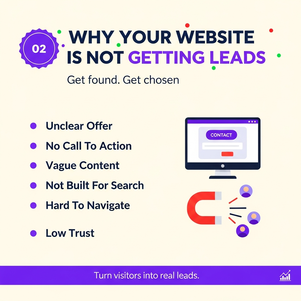 Why your website is not getting leads: unclear offer, no call to action, vague content, not built for search, hard to navigate, low trust