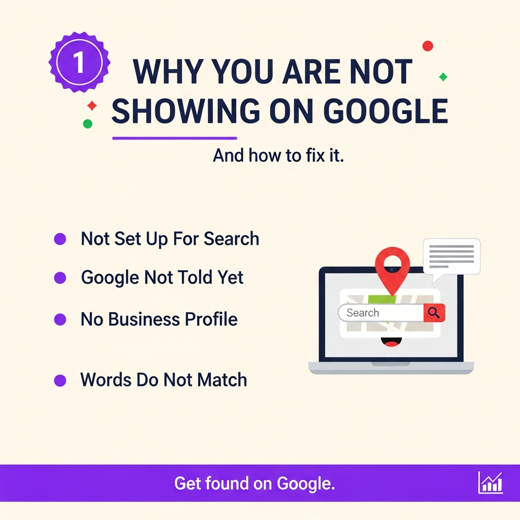Why you are not showing on Google: not set up for search, Google not told yet, no business profile, words do not match
