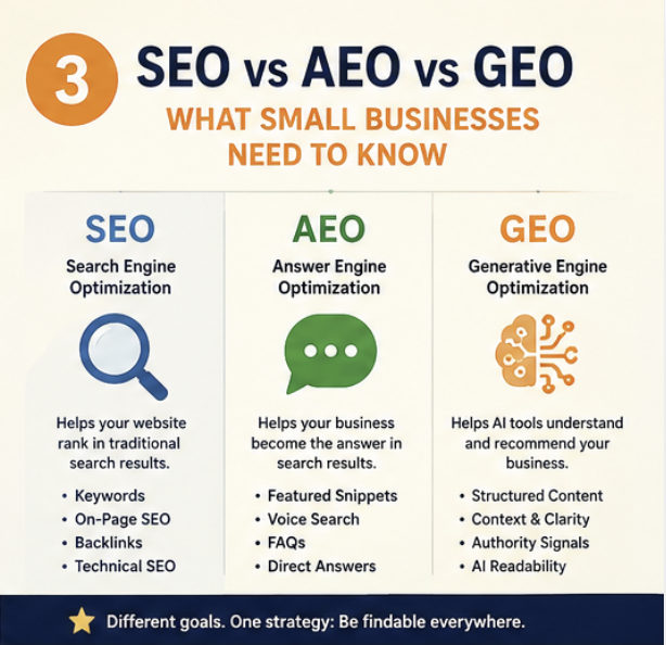 SEO vs AEO vs GEO, Search Engine Optimization, Answer Engine Optimization, Generative Engine Optimization explained
