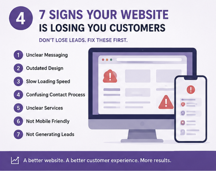 7 signs your website is losing you customers, unclear messaging, outdated design, slow loading, confusing contact, unclear services, not mobile friendly, not generating leads