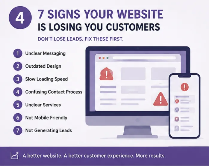 7 signs your website is losing you customers, unclear messaging, outdated design, slow loading, confusing contact, unclear services, not mobile friendly, not generating leads
