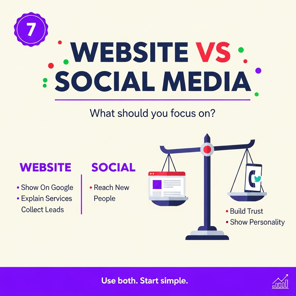 Website vs social media: a website shows on Google, explains services, and collects leads, while social media reaches new people, builds trust, and shows personality